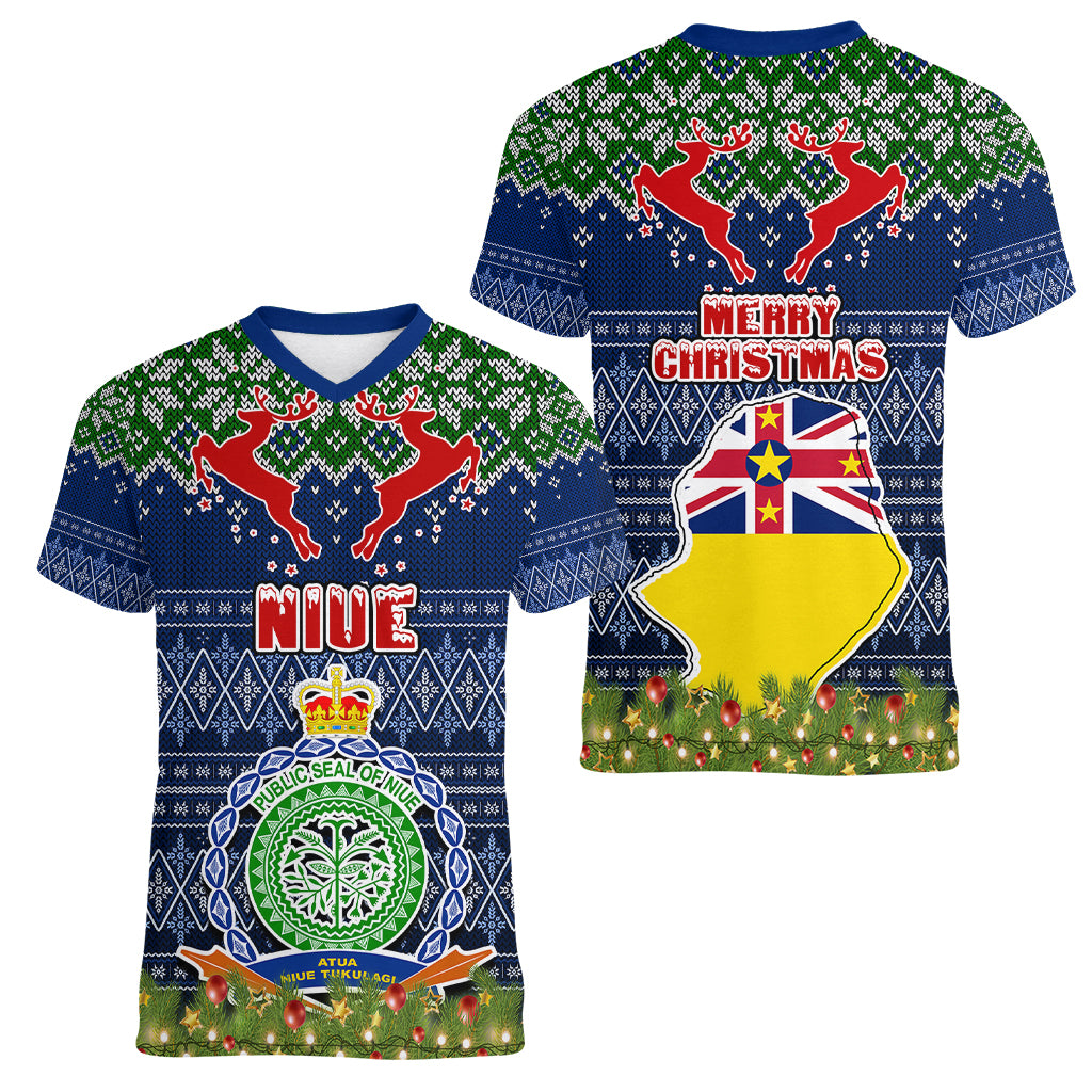 Niue Christmas Women V Neck T Shirt Coat of Arms and Map Beautiful Merry Xmas Snowflake LT03 - Polynesian Pride