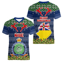 Niue Christmas Women V Neck T Shirt Coat of Arms and Map Beautiful Merry Xmas Snowflake LT03 - Polynesian Pride
