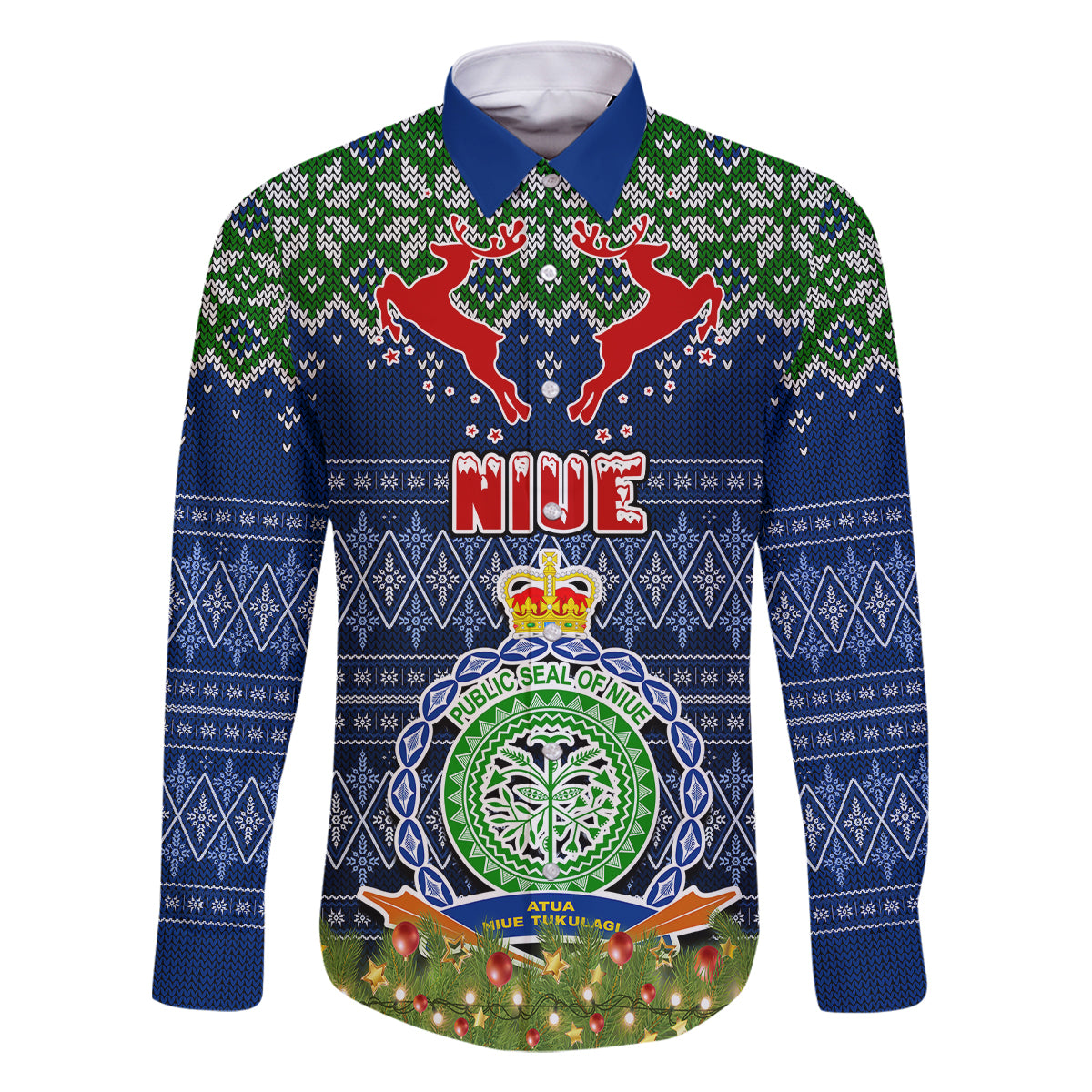 Personalised Niue Christmas Family Matching Puletasi Dress and Hawaiian Shirt Coat of Arms and Map Beautiful Merry Xmas Snowflake LT03 Dad's Shirt - Long Sleeve Blue - Polynesian Pride