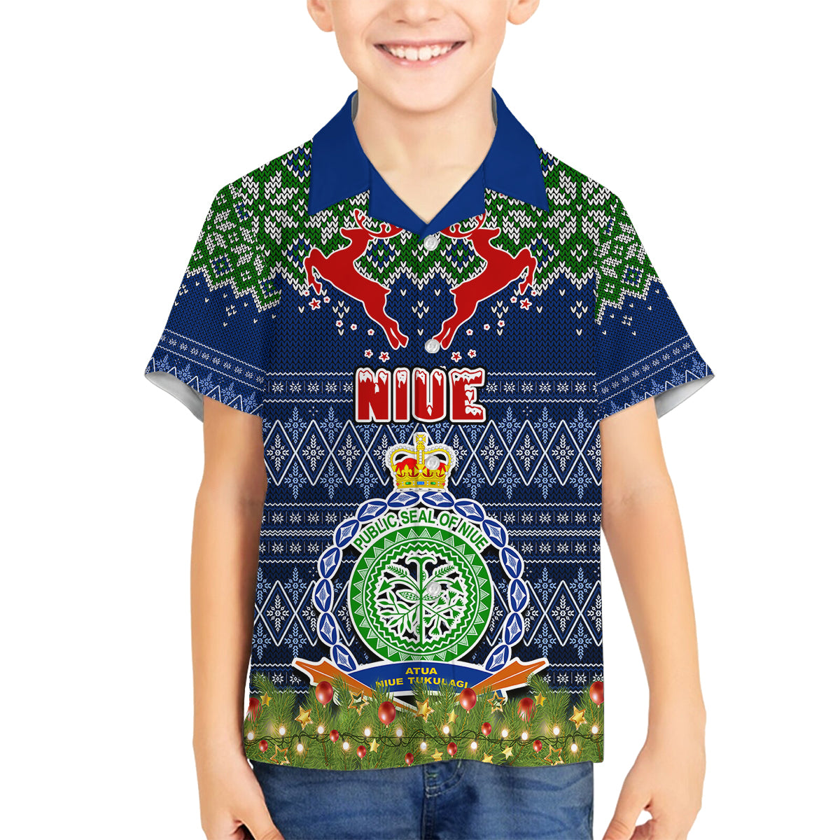 Personalised Niue Christmas Family Matching Puletasi Dress and Hawaiian Shirt Coat of Arms and Map Beautiful Merry Xmas Snowflake LT03 Son's Shirt Blue - Polynesian Pride