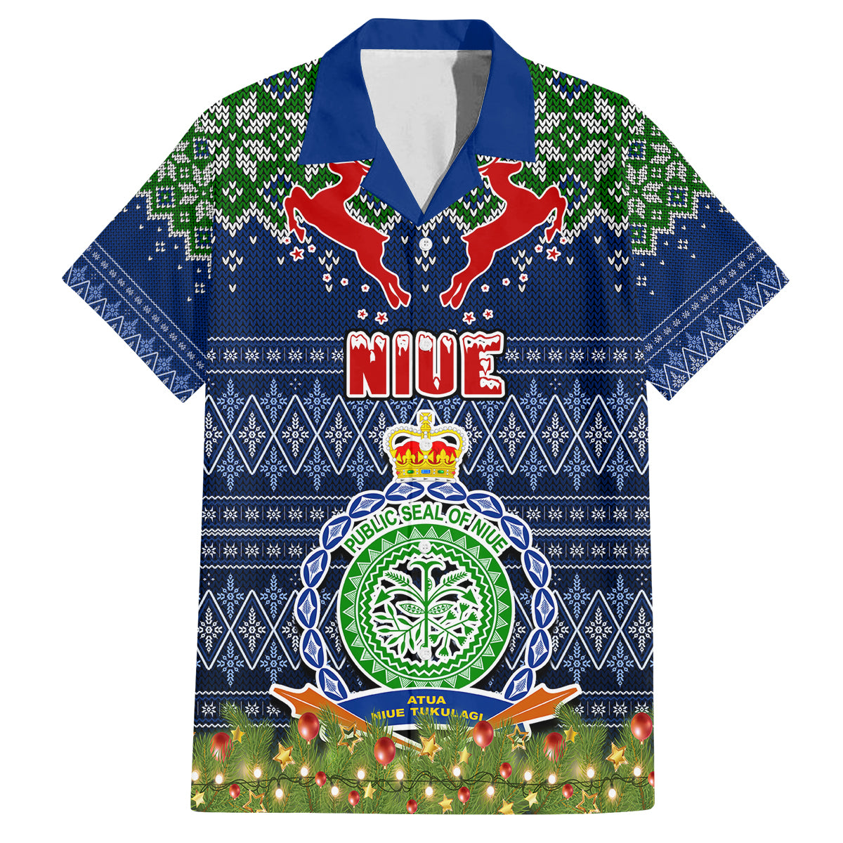 Personalised Niue Christmas Family Matching Summer Maxi Dress and Hawaiian Shirt Coat of Arms and Map Beautiful Merry Xmas Snowflake LT03 Dad's Shirt - Short Sleeve Blue - Polynesian Pride
