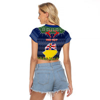 Personalised Niue Christmas Raglan Cropped T Shirt Coat of Arms and Map Beautiful Merry Xmas Snowflake LT03 - Polynesian Pride