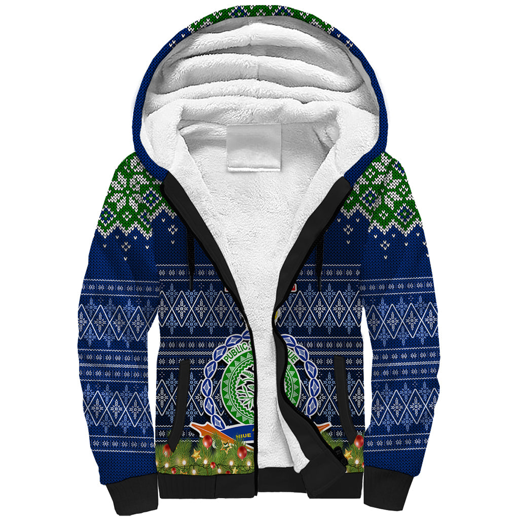 Personalised Niue Christmas Sherpa Hoodie Coat of Arms and Map Beautiful Merry Xmas Snowflake LT03 Unisex Blue - Polynesian Pride