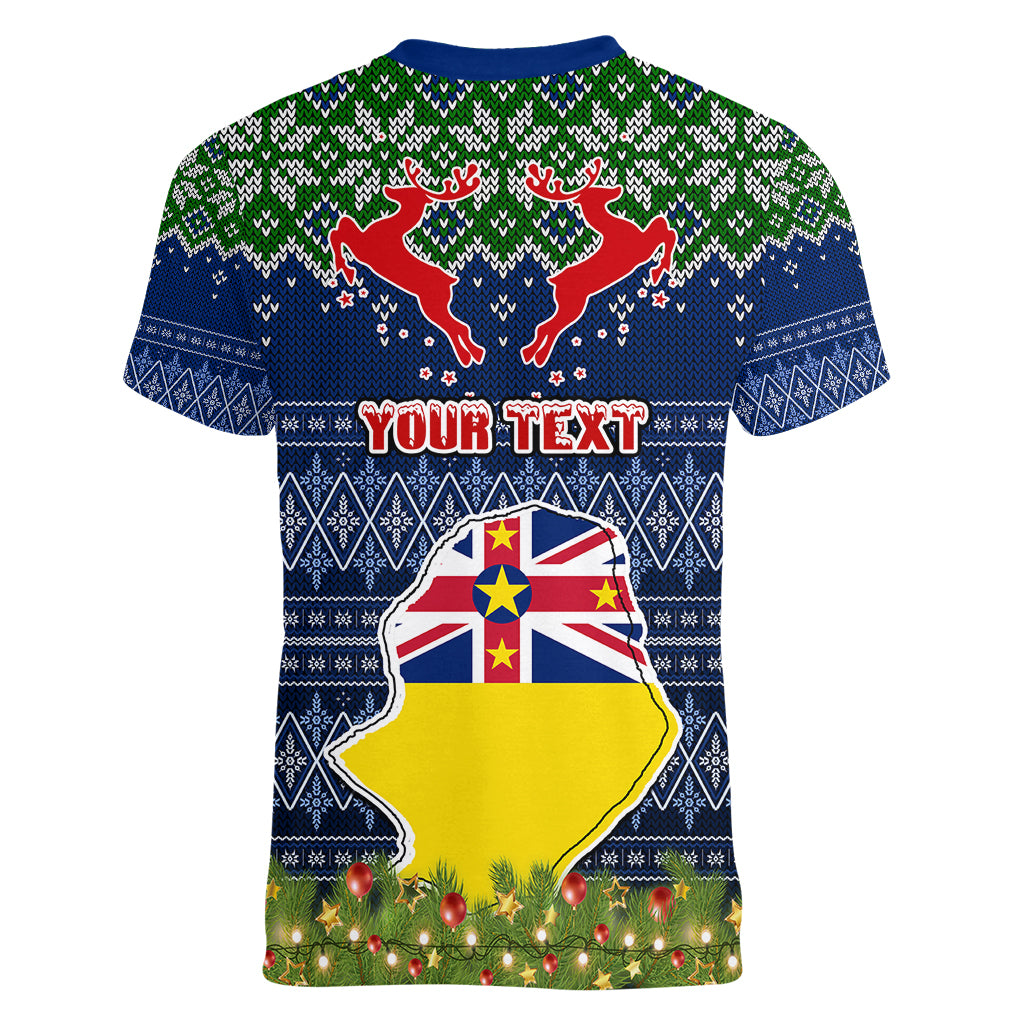 Personalised Niue Christmas Women V Neck T Shirt Coat of Arms and Map Beautiful Merry Xmas Snowflake LT03 - Polynesian Pride