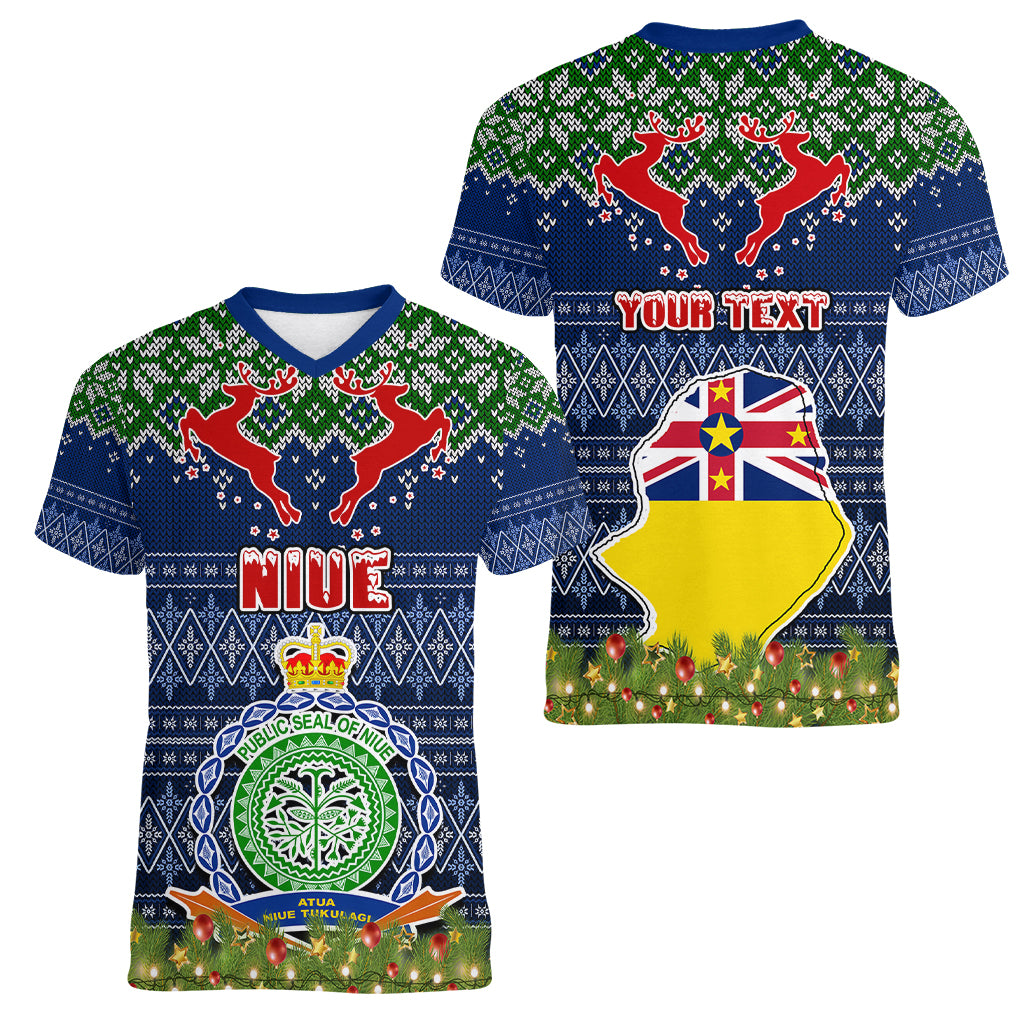 Personalised Niue Christmas Women V Neck T Shirt Coat of Arms and Map Beautiful Merry Xmas Snowflake LT03 - Polynesian Pride