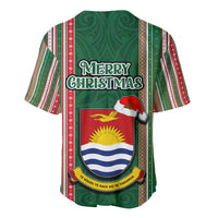 Kiribati Christmas Baseball Jersey Santa With Gift Bag Behind Ribbons Seamless Green Maori LT03 - Polynesian Pride