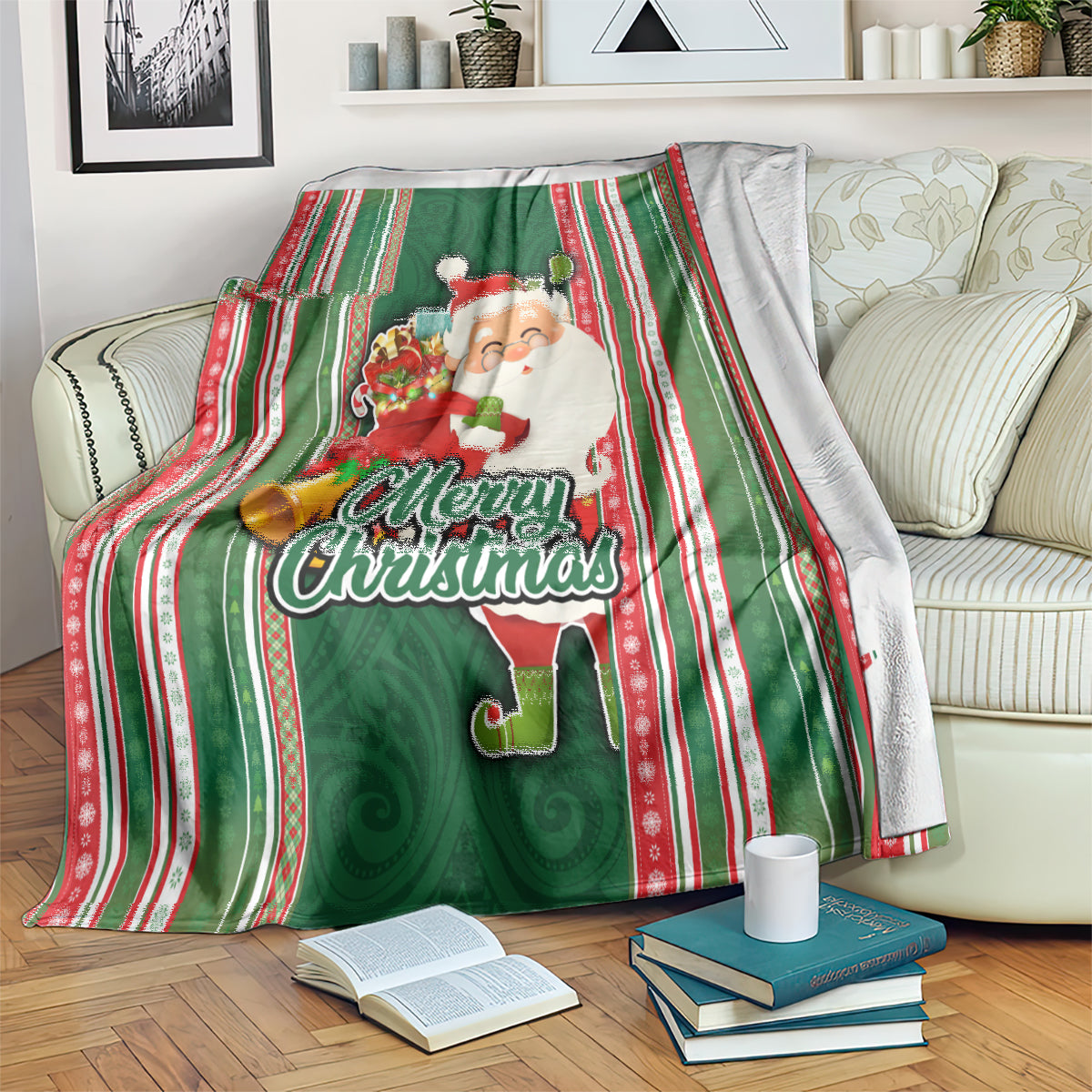 Kiribati Christmas Blanket Santa With Gift Bag Behind Ribbons Seamless Green Maori LT03 - Polynesian Pride