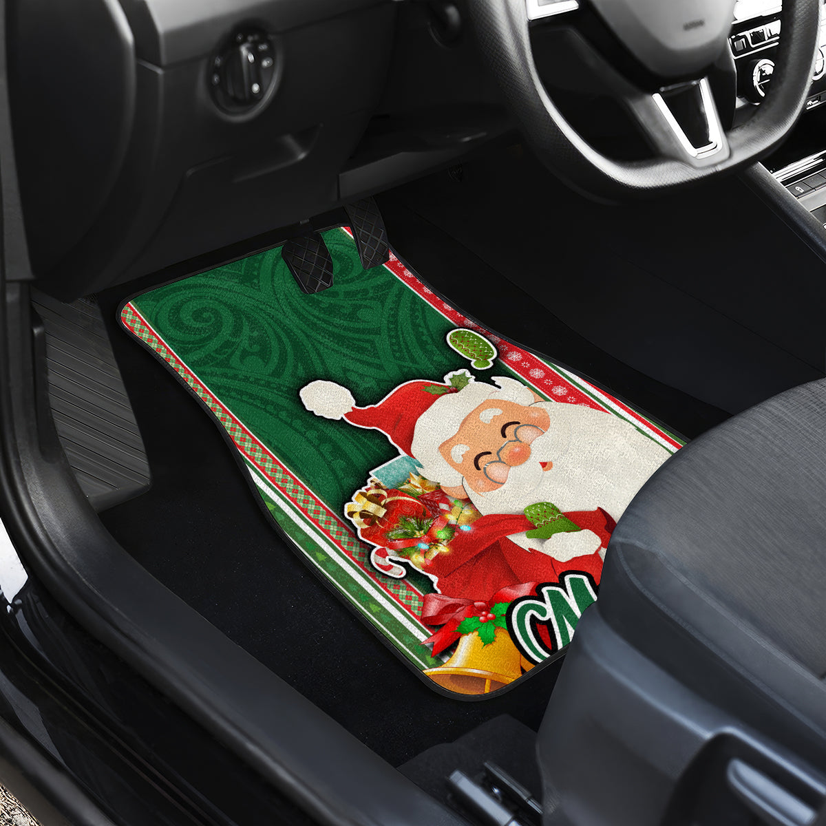 Kiribati Christmas Car Mats Santa With Gift Bag Behind Ribbons Seamless Green Maori LT03 - Polynesian Pride