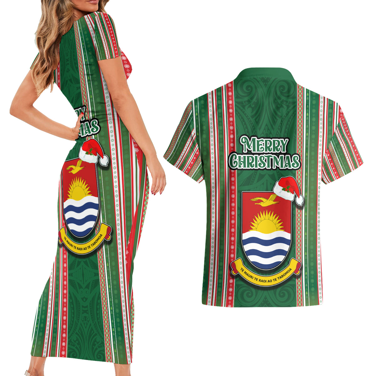 Kiribati Christmas Couples Matching Short Sleeve Bodycon Dress and Hawaiian Shirt Santa With Gift Bag Behind Ribbons Seamless Green Maori LT03 - Polynesian Pride