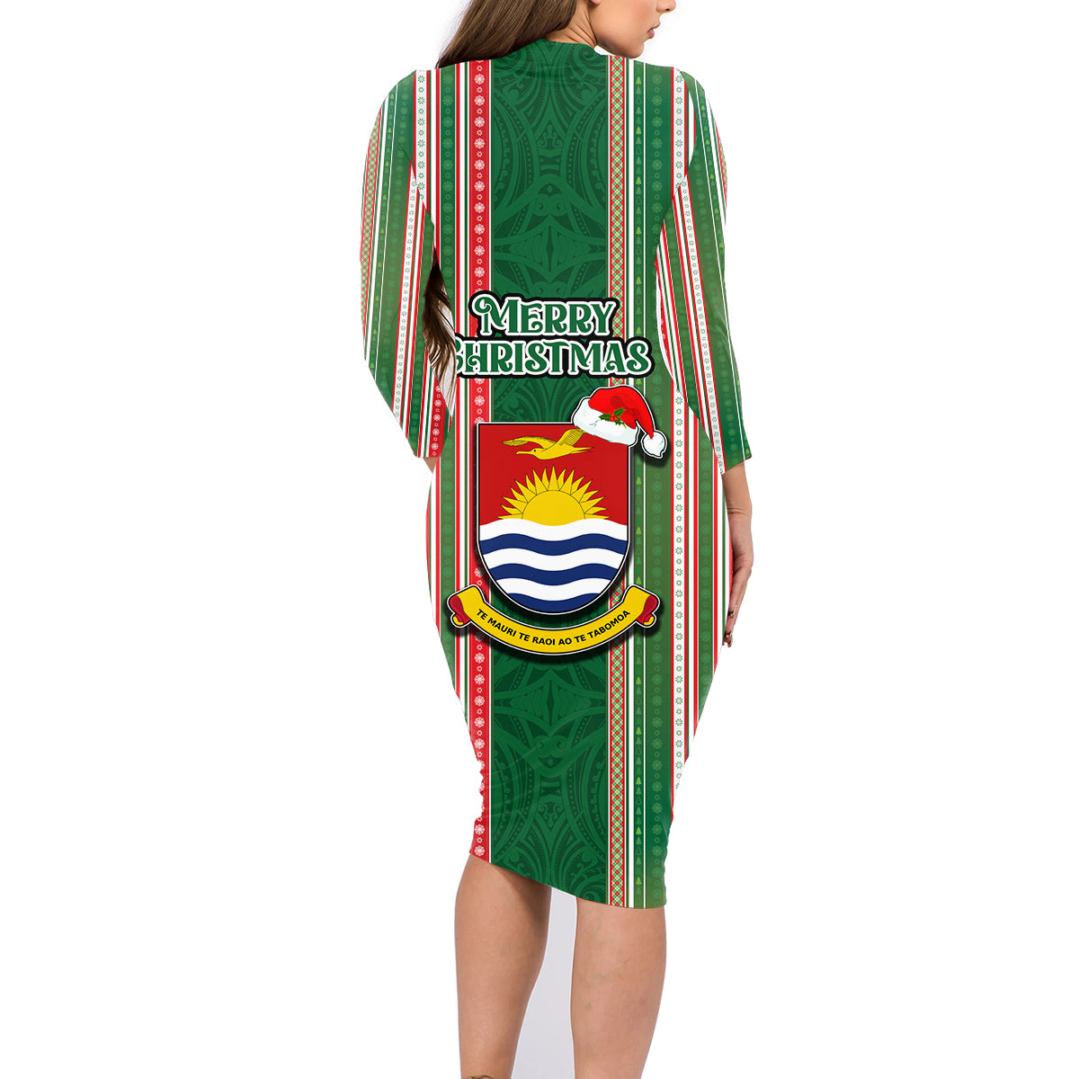 Kiribati Christmas Family Matching Long Sleeve Bodycon Dress and Hawaiian Shirt Santa With Gift Bag Behind Ribbons Seamless Green Maori LT03 - Polynesian Pride