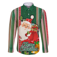 Kiribati Christmas Family Matching Off Shoulder Short Dress and Hawaiian Shirt Santa With Gift Bag Behind Ribbons Seamless Green Maori LT03 Dad's Shirt - Long Sleeve Green - Polynesian Pride