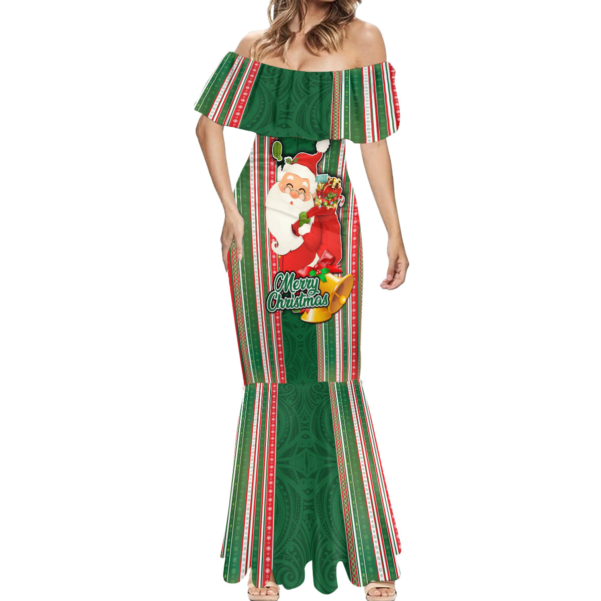 Kiribati Christmas Mermaid Dress Santa With Gift Bag Behind Ribbons Seamless Green Maori LT03 - Polynesian Pride