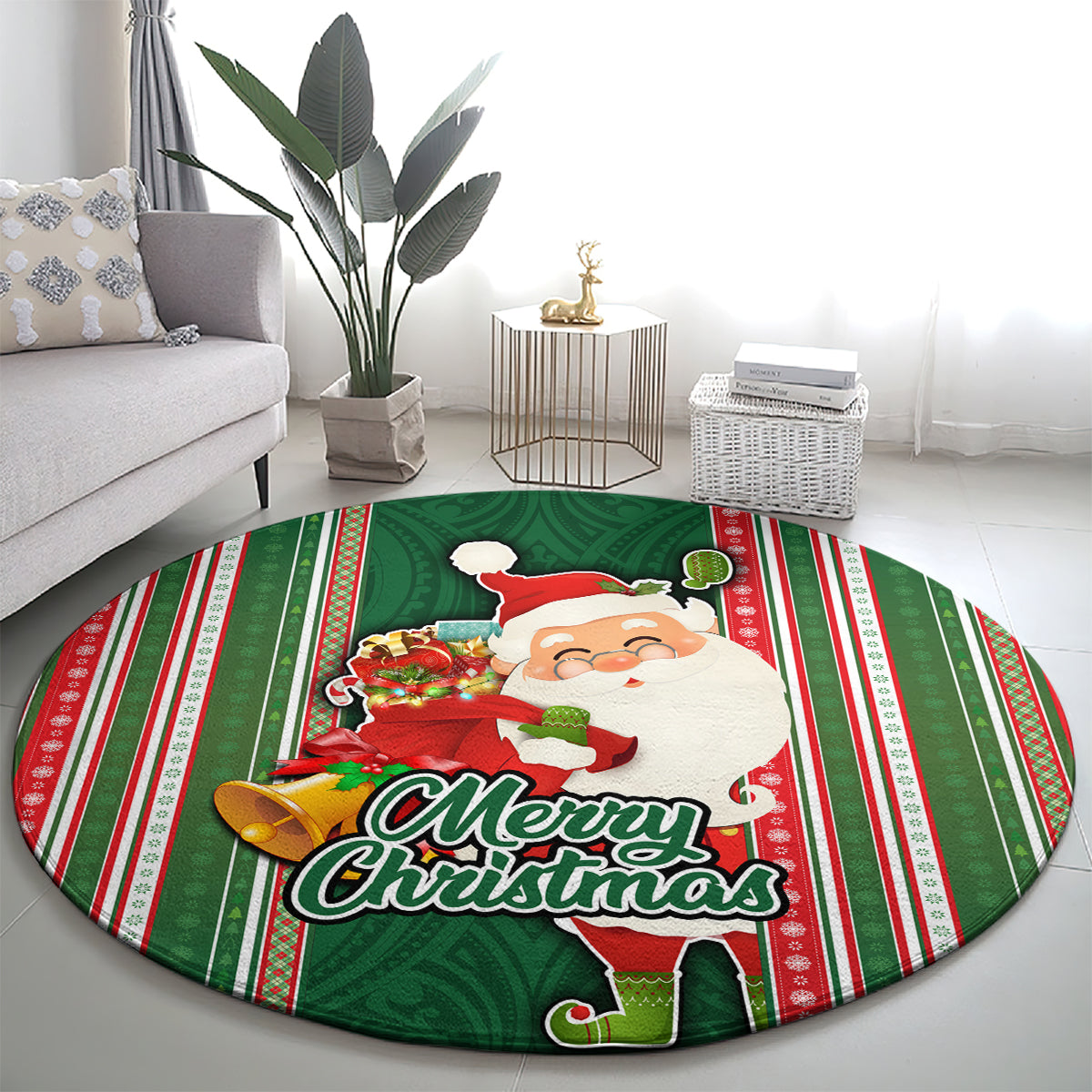 Kiribati Christmas Round Carpet Santa With Gift Bag Behind Ribbons Seamless Green Maori LT03 - Polynesian Pride
