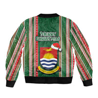 Kiribati Christmas Sleeve Zip Bomber Jacket Santa With Gift Bag Behind Ribbons Seamless Green Maori LT03 - Polynesian Pride