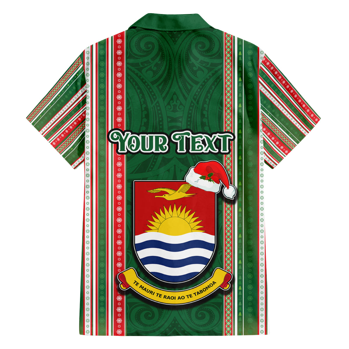 Custom Kiribati Christmas Family Matching Long Sleeve Bodycon Dress and Hawaiian Shirt Santa With Gift Bag Behind Ribbons Seamless Green Maori LT03 - Polynesian Pride