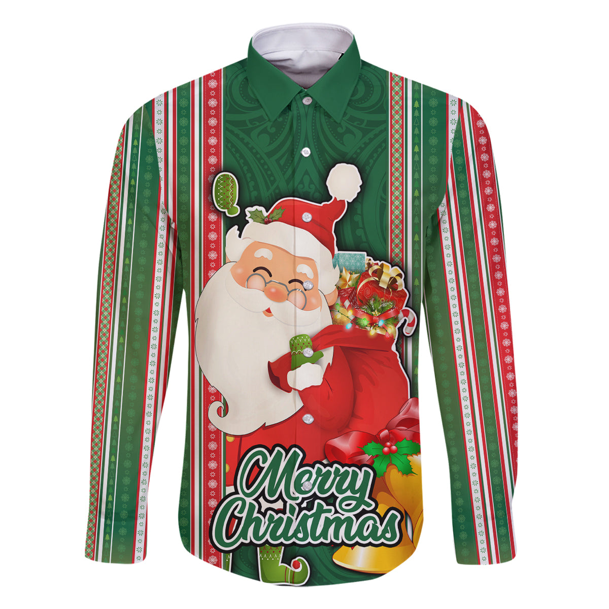 Custom Kiribati Christmas Family Matching Off Shoulder Maxi Dress and Hawaiian Shirt Santa With Gift Bag Behind Ribbons Seamless Green Maori LT03 Dad's Shirt - Long Sleeve Green - Polynesian Pride