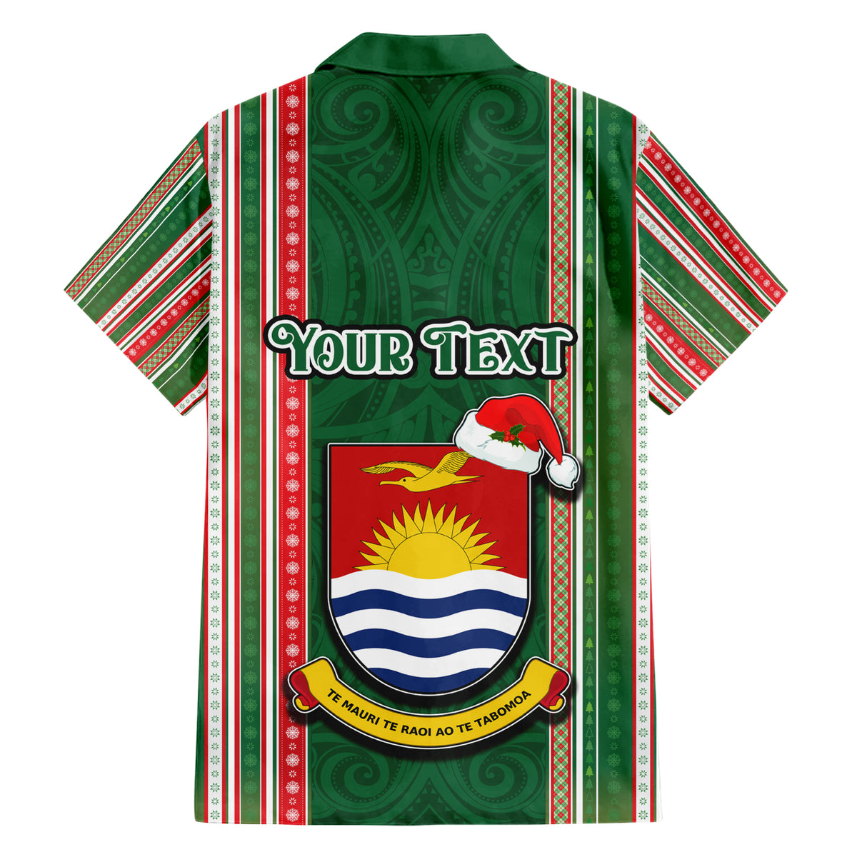 Custom Kiribati Christmas Family Matching Short Sleeve Bodycon Dress and Hawaiian Shirt Santa With Gift Bag Behind Ribbons Seamless Green Maori LT03 - Polynesian Pride