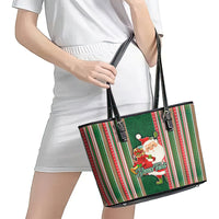 Custom Kiribati Christmas Leather Tote Bag Santa With Gift Bag Behind Ribbons Seamless Green Maori LT03 - Polynesian Pride