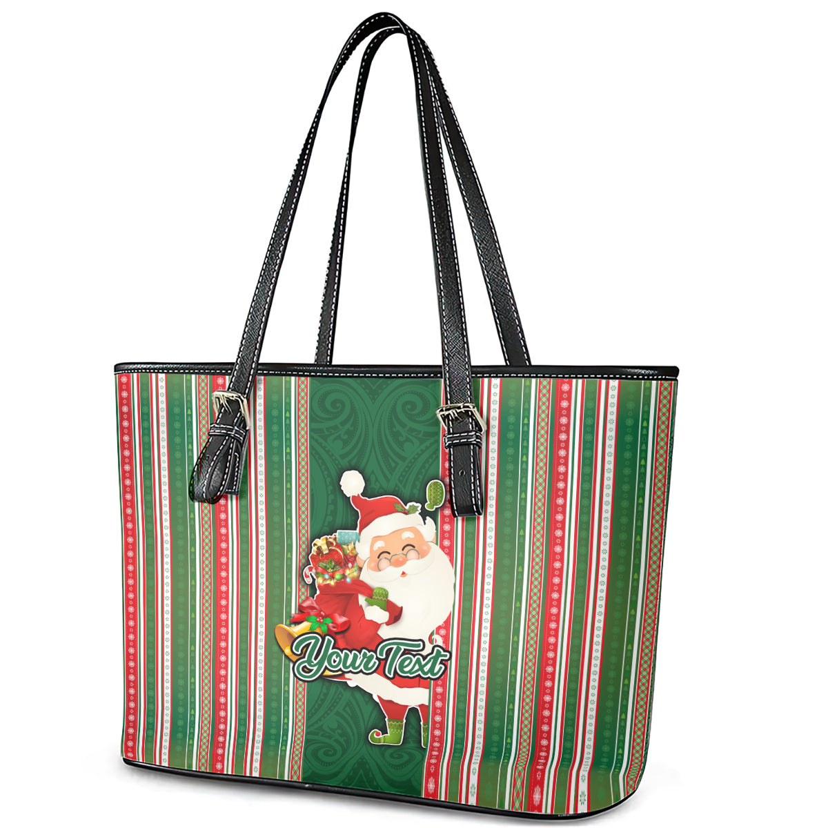 Custom Kiribati Christmas Leather Tote Bag Santa With Gift Bag Behind Ribbons Seamless Green Maori LT03 - Polynesian Pride