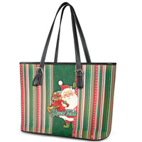 Custom Kiribati Christmas Leather Tote Bag Santa With Gift Bag Behind Ribbons Seamless Green Maori LT03 - Polynesian Pride