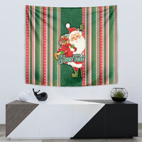 Custom Kiribati Christmas Tapestry Santa With Gift Bag Behind Ribbons Seamless Green Maori LT03 - Polynesian Pride
