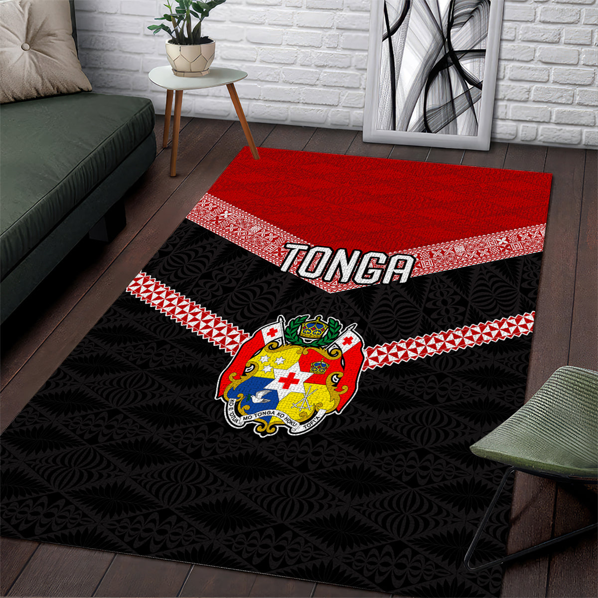 Tonga Area Rug Tonga Coat of Arms with Seamless Tapa Ngatu Pattern LT03 Black - Polynesian Pride