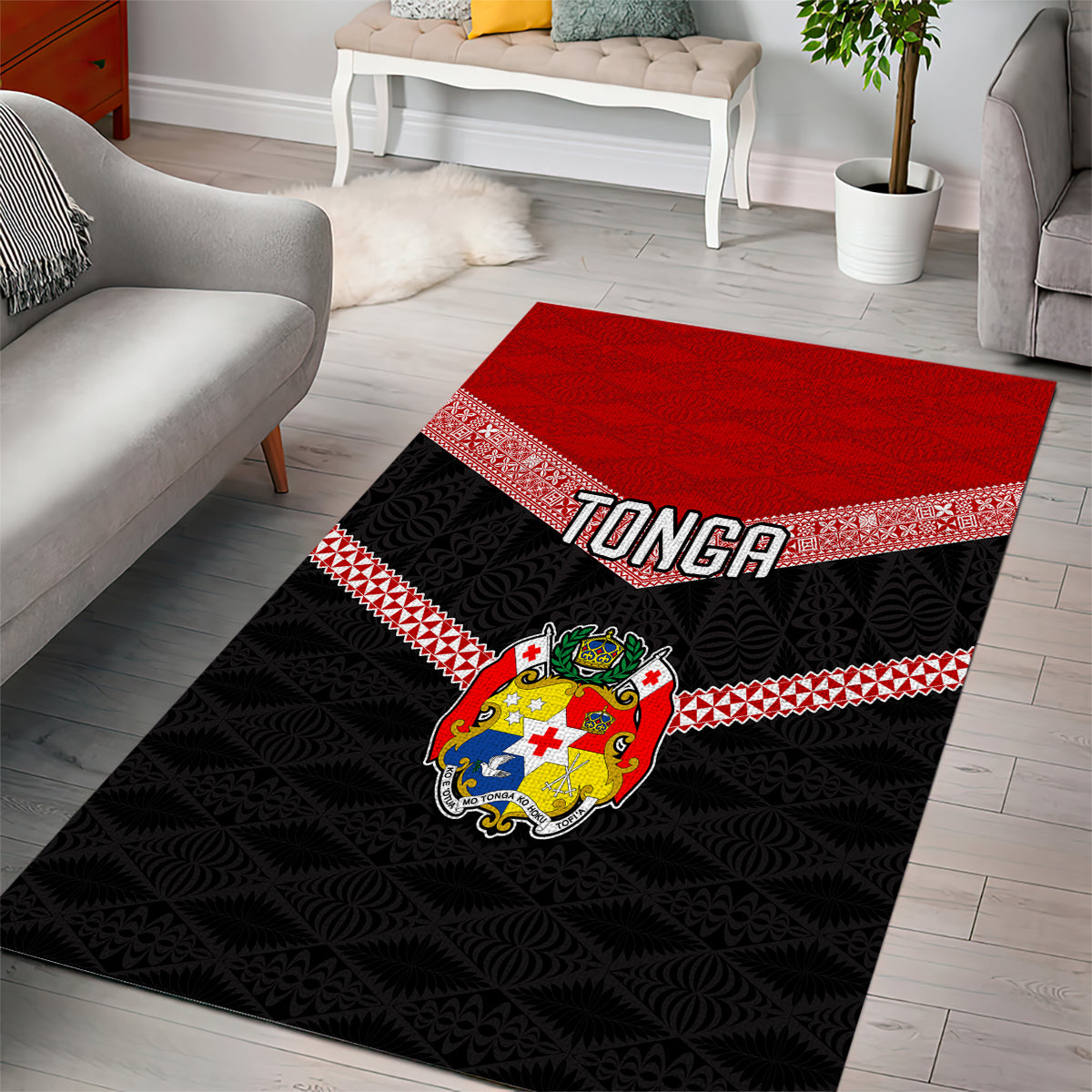 Tonga Area Rug Tonga Coat of Arms with Seamless Tapa Ngatu Pattern LT03 - Polynesian Pride