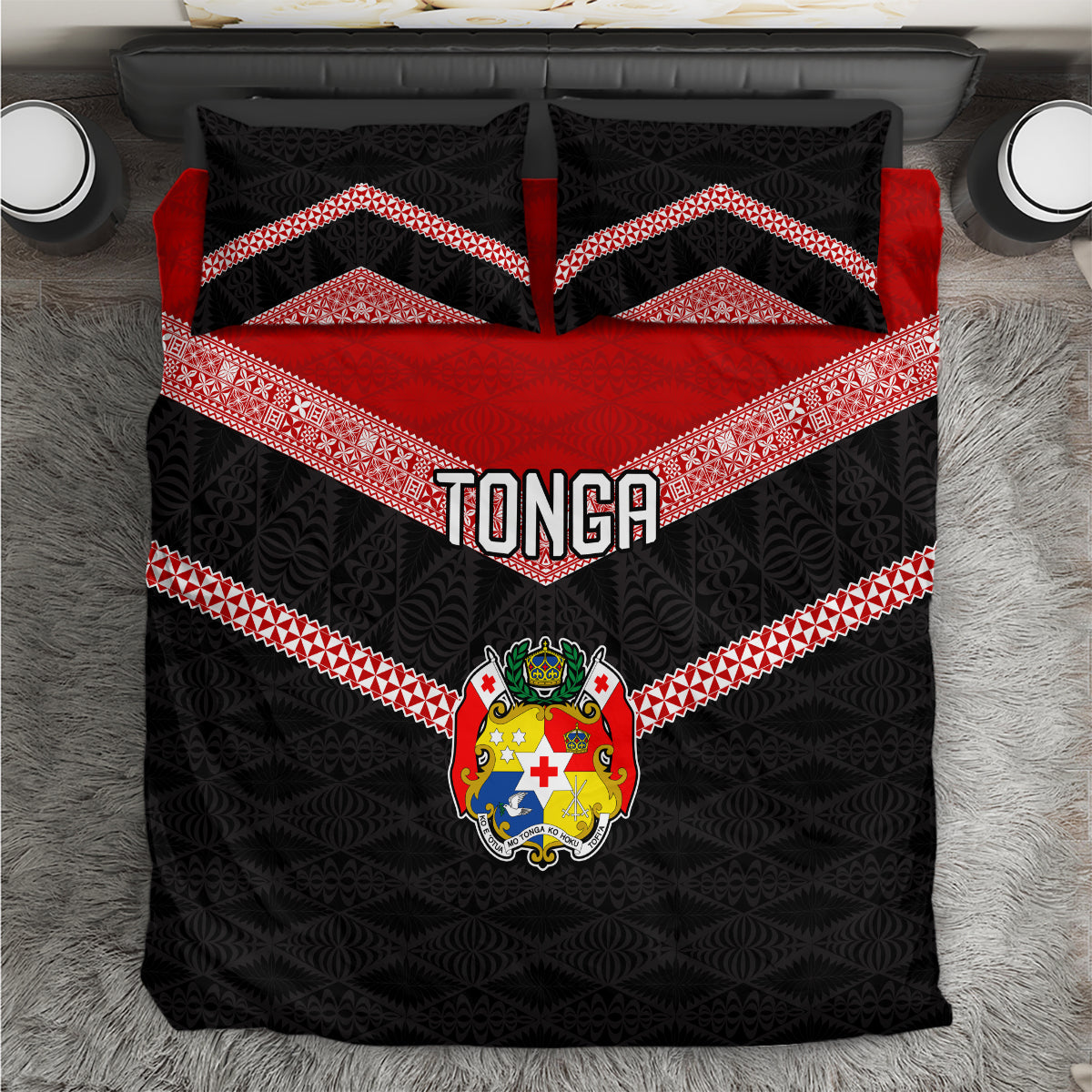 Tonga Bedding Set Tonga Coat of Arms with Seamless Tapa Ngatu Pattern LT03 Black - Polynesian Pride