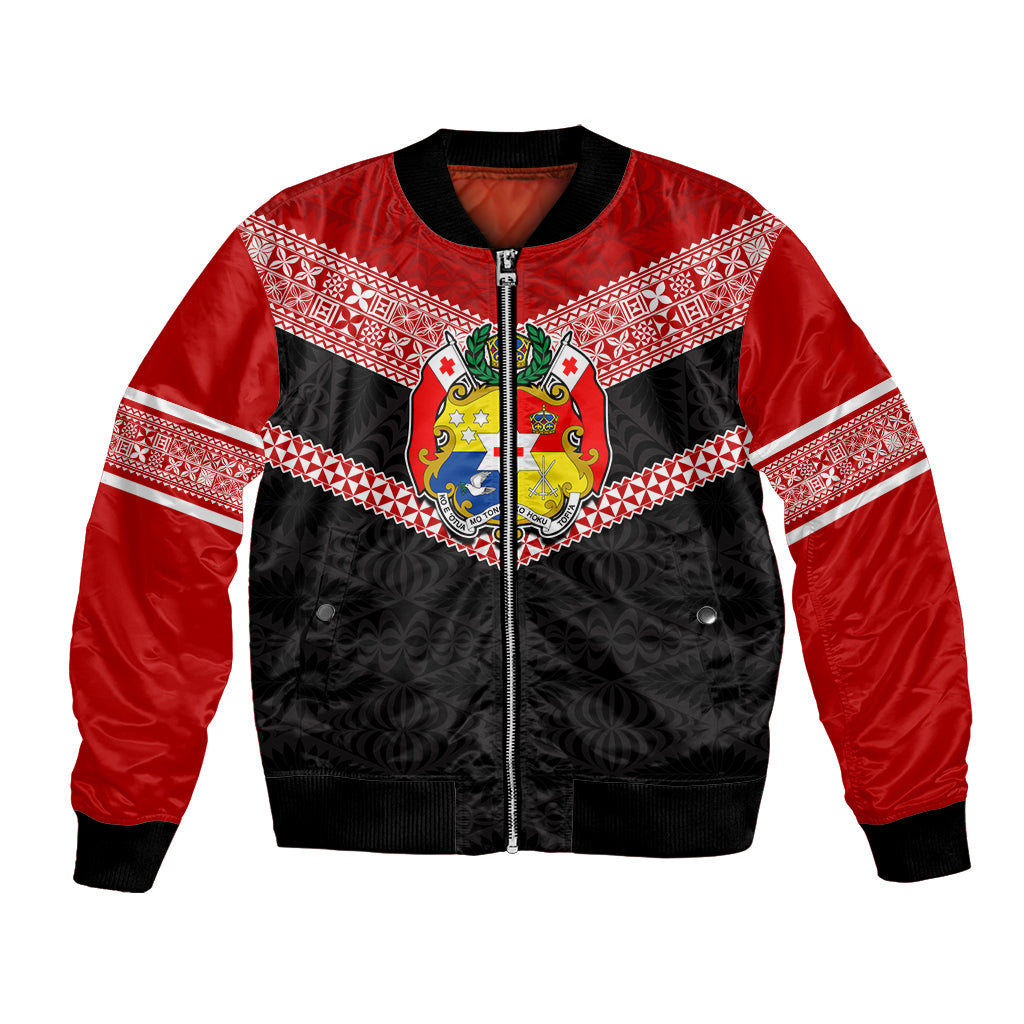Tonga Bomber Jacket Tonga Coat of Arms with Seamless Tapa Ngatu Pattern LT03 Unisex Black - Polynesian Pride