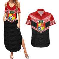 Tonga Couples Matching Summer Maxi Dress and Hawaiian Shirt Tonga Coat of Arms with Seamless Tapa Ngatu Pattern LT03 Black - Polynesian Pride