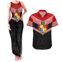Tonga Couples Matching Tank Maxi Dress and Hawaiian Shirt Tonga Coat of Arms with Seamless Tapa Ngatu Pattern LT03 Black - Polynesian Pride