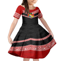Tonga Kid Short Sleeve Dress Tonga Coat of Arms with Seamless Tapa Ngatu Pattern LT03 KID Black - Polynesian Pride