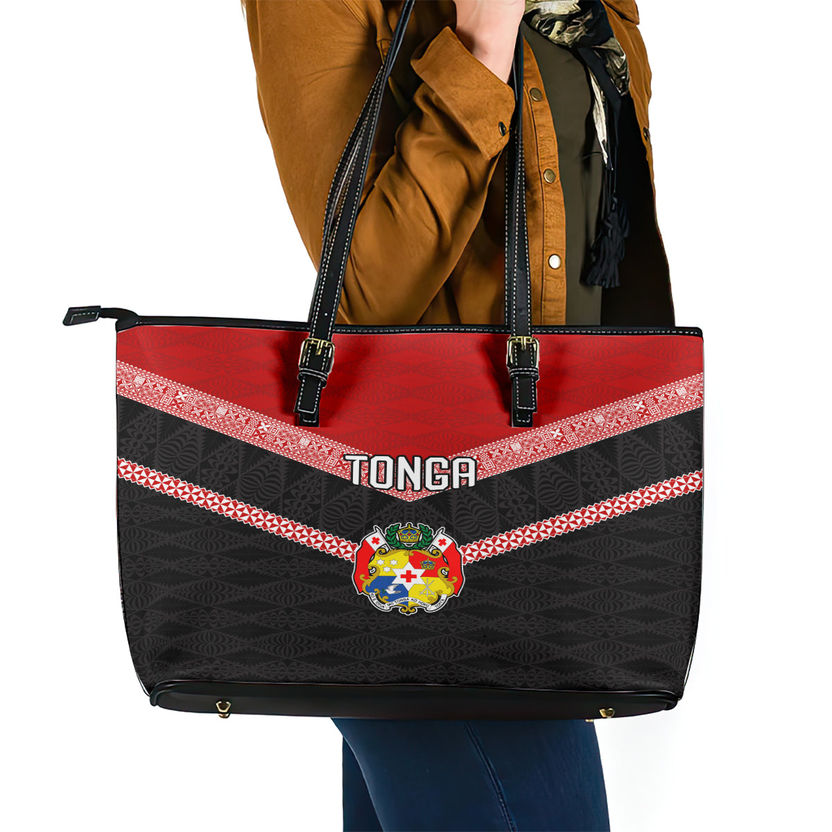 Tonga Leather Tote Bag Tonga Coat of Arms with Seamless Tapa Ngatu Pattern LT03 - Polynesian Pride