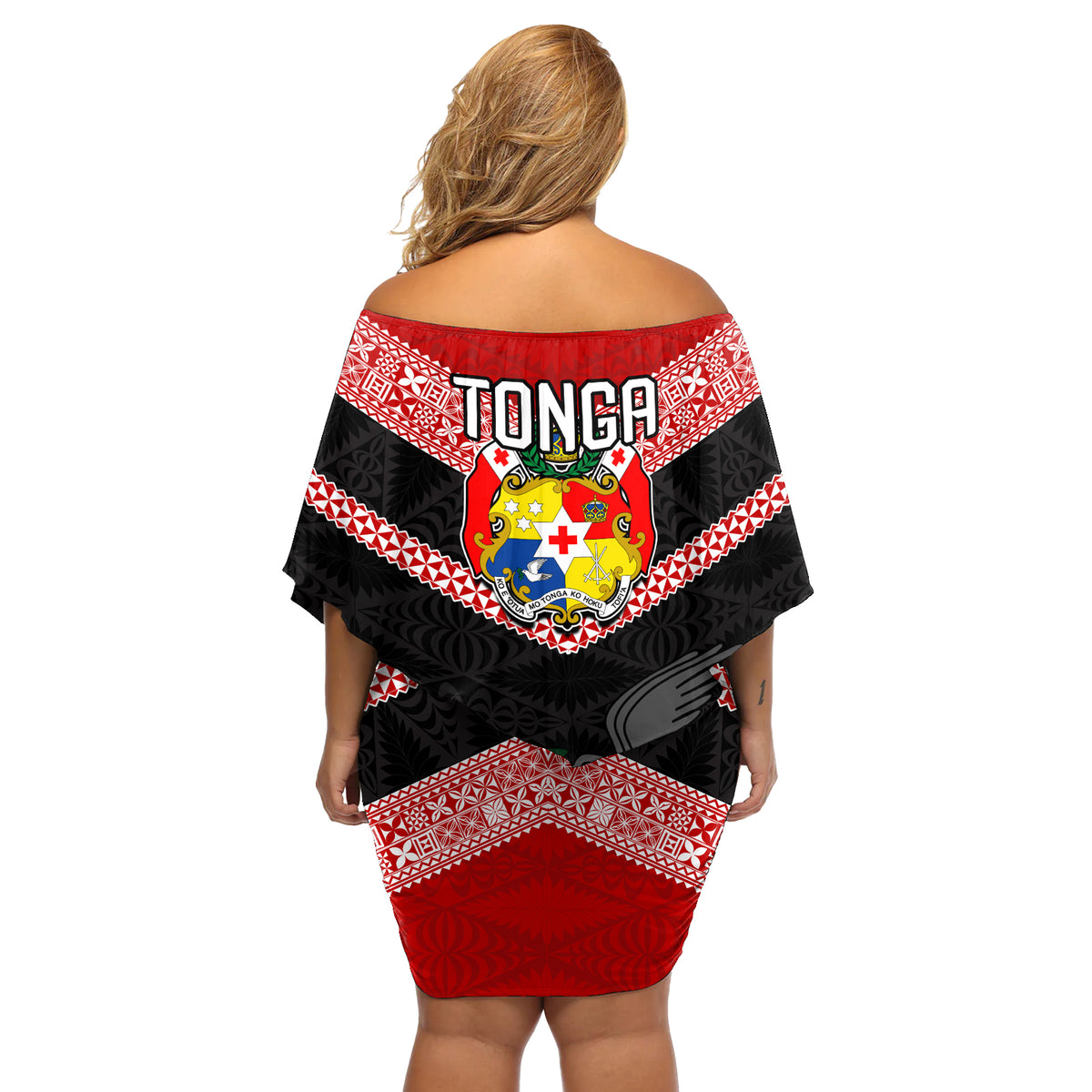 Tonga Off Shoulder Short Dress Tonga Coat of Arms with Seamless Tapa Ngatu Pattern LT03 - Polynesian Pride