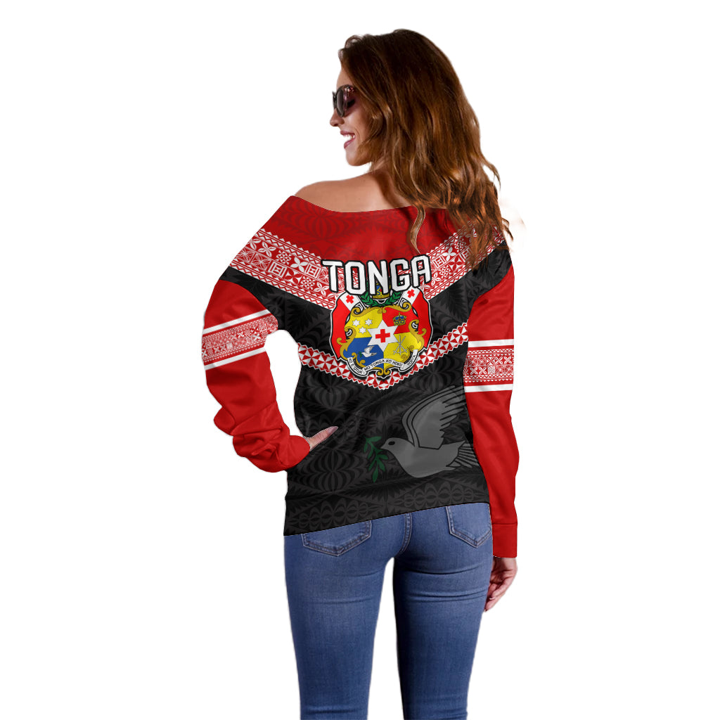 Tonga Off Shoulder Sweater Tonga Coat of Arms with Seamless Tapa Ngatu Pattern LT03 - Polynesian Pride