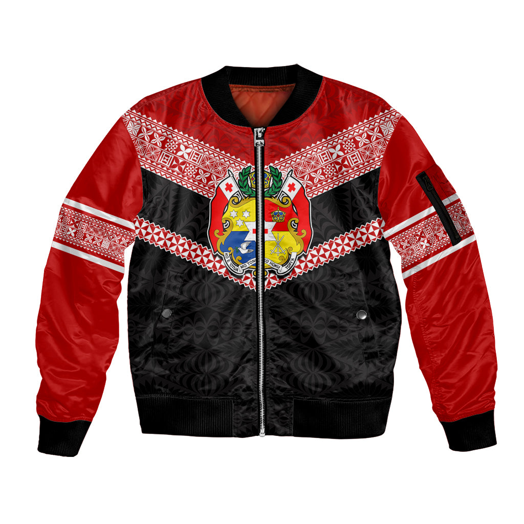 Tonga Sleeve Zip Bomber Jacket Tonga Coat of Arms with Seamless Tapa Ngatu Pattern LT03 Unisex Black - Polynesian Pride