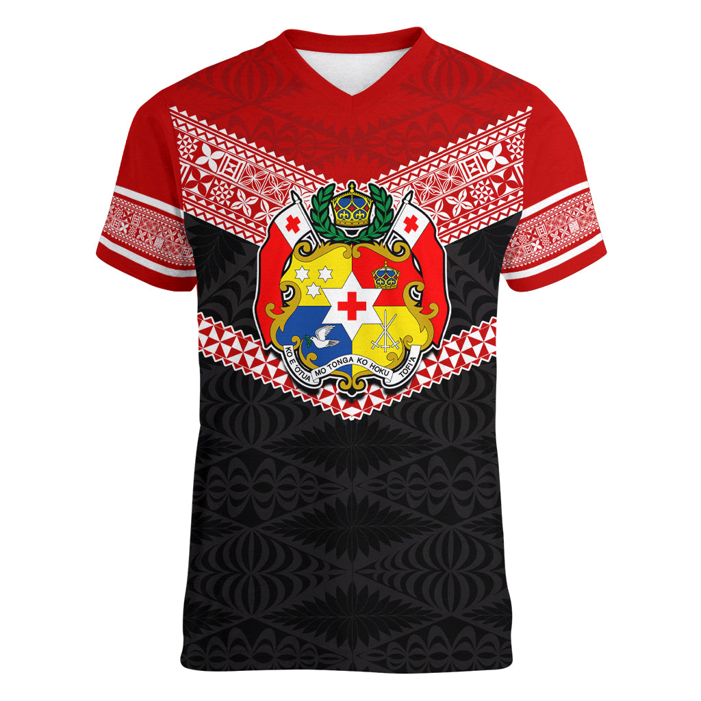 Tonga Women V Neck T Shirt Tonga Coat of Arms with Seamless Tapa Ngatu Pattern LT03 Female Black - Polynesian Pride