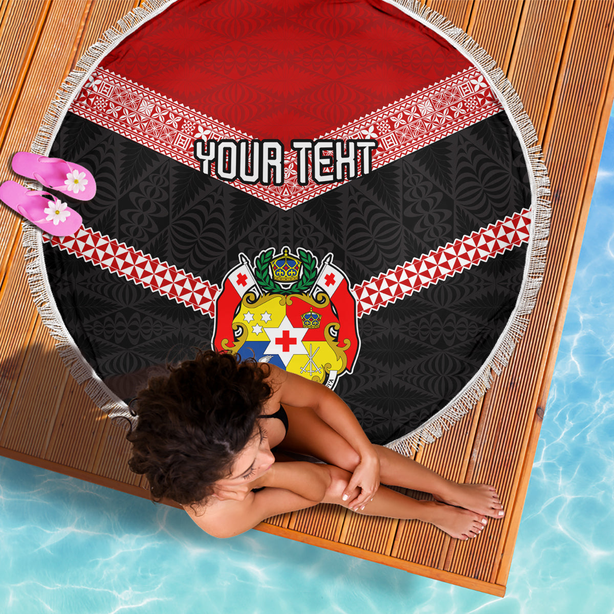 Personalised Tonga Beach Blanket Tonga Coat of Arms with Seamless Tapa Ngatu Pattern LT03 - Wonder Print Shop