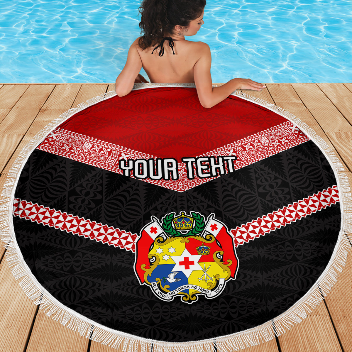 Personalised Tonga Beach Blanket Tonga Coat of Arms with Seamless Tapa Ngatu Pattern LT03 - Wonder Print Shop