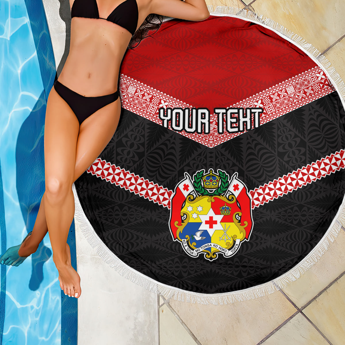 Personalised Tonga Beach Blanket Tonga Coat of Arms with Seamless Tapa Ngatu Pattern LT03 - Wonder Print Shop