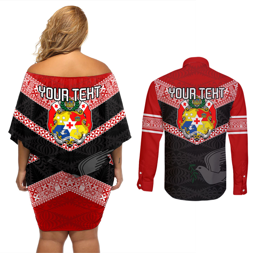 Personalised Tonga Couples Matching Off Shoulder Short Dress and Long Sleeve Button Shirts Tonga Coat of Arms with Seamless Tapa Ngatu Pattern LT03 - Polynesian Pride