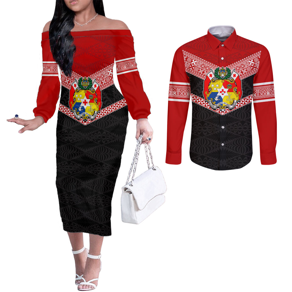 Personalised Tonga Couples Matching Off The Shoulder Long Sleeve Dress and Long Sleeve Button Shirts Tonga Coat of Arms with Seamless Tapa Ngatu Pattern LT03 Black - Polynesian Pride