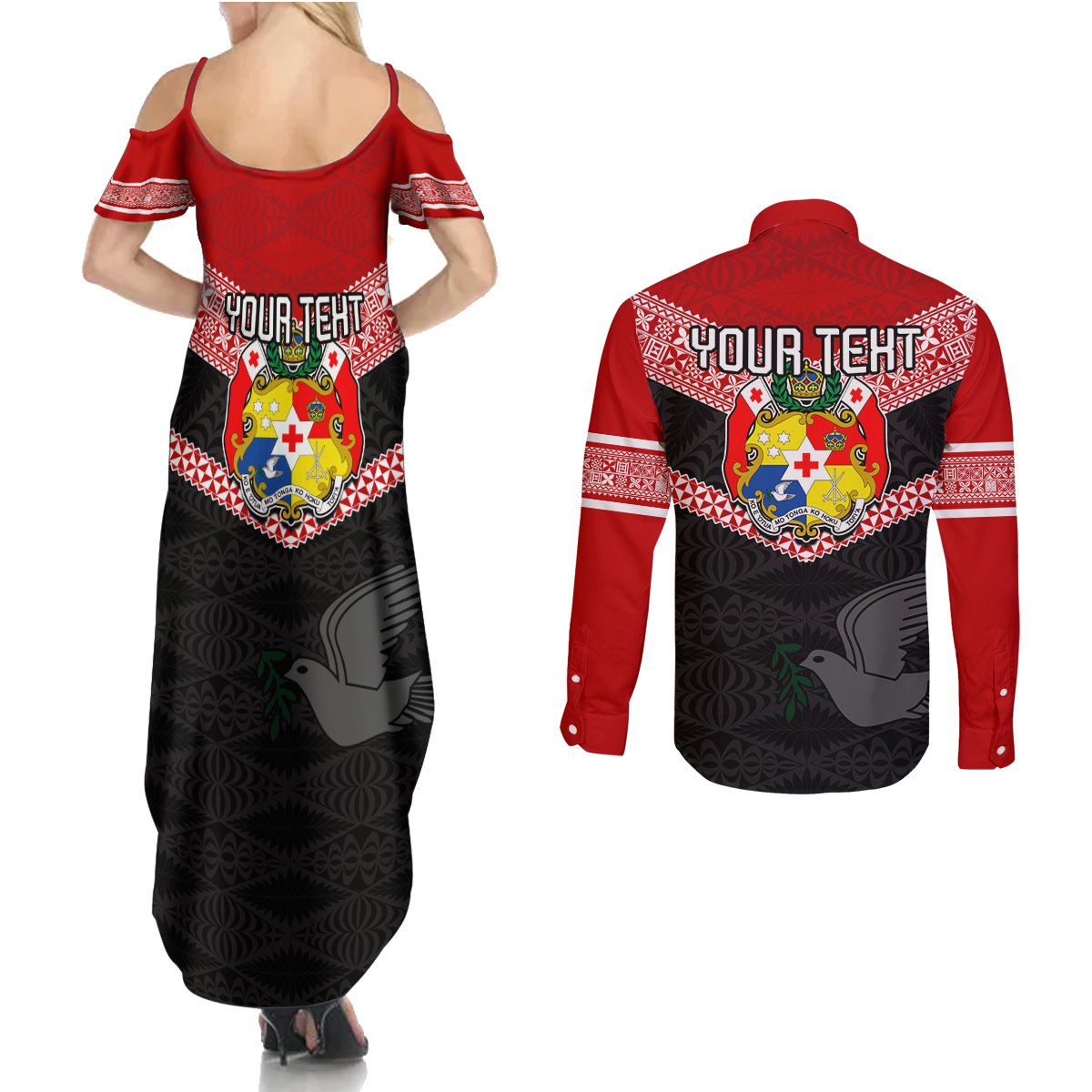 Personalised Tonga Couples Matching Summer Maxi Dress and Long Sleeve Button Shirts Tonga Coat of Arms with Seamless Tapa Ngatu Pattern LT03 - Polynesian Pride
