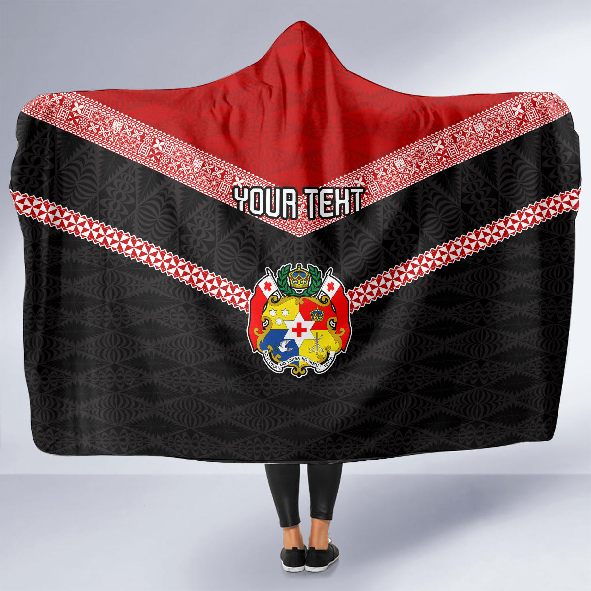 Personalised Tonga Hooded Blanket Tonga Coat of Arms with Seamless Tapa Ngatu Pattern LT03 - Polynesian Pride