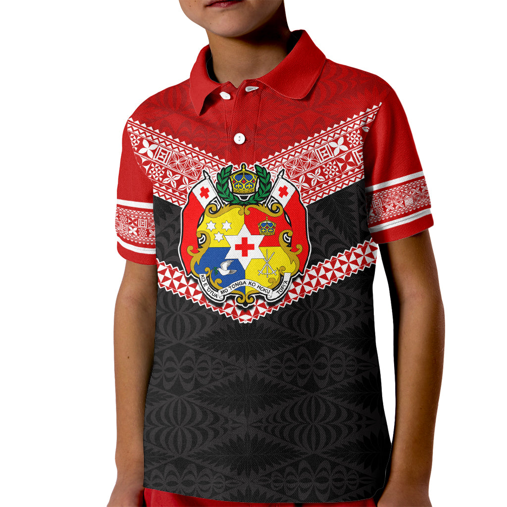 Personalised Tonga Kid Polo Shirt Tonga Coat of Arms with Seamless Tapa Ngatu Pattern LT03 Kid Black - Polynesian Pride