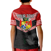Personalised Tonga Kid Polo Shirt Tonga Coat of Arms with Seamless Tapa Ngatu Pattern LT03 - Polynesian Pride