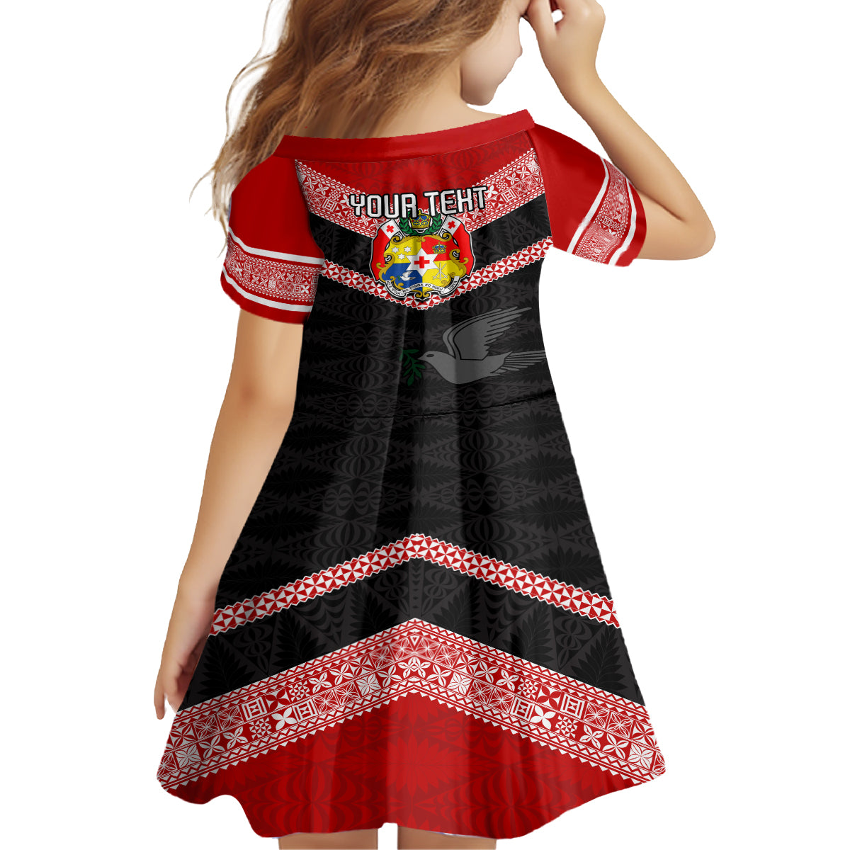Personalised Tonga Kid Short Sleeve Dress Tonga Coat of Arms with Seamless Tapa Ngatu Pattern LT03 - Polynesian Pride