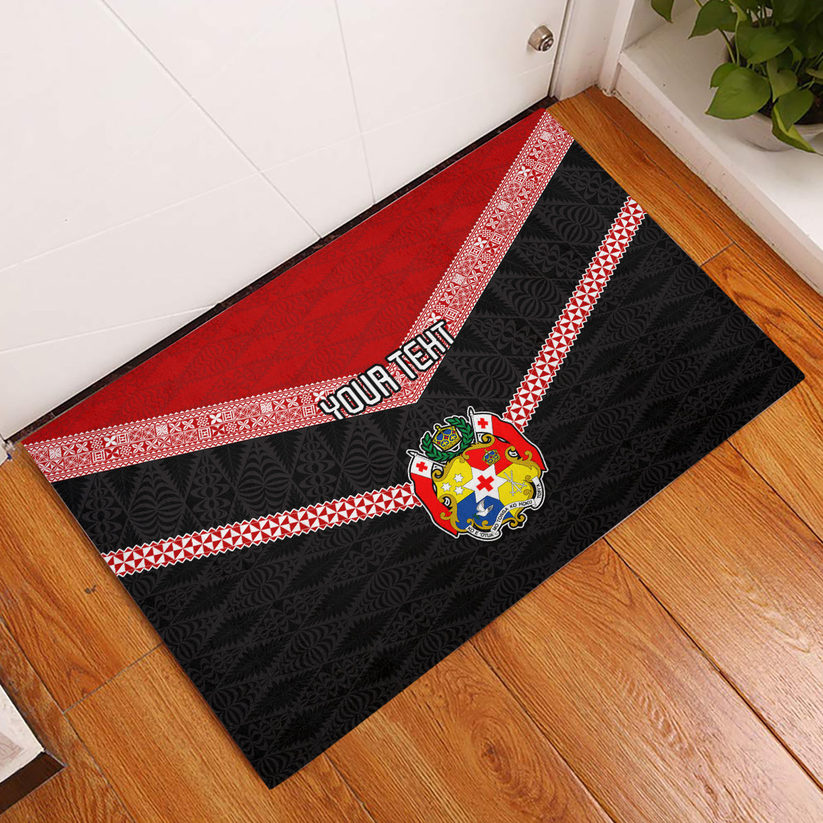 Personalised Tonga Rubber Doormat Tonga Coat of Arms with Seamless Tapa Ngatu Pattern LT03 Black - Polynesian Pride