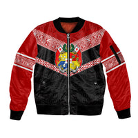 Personalised Tonga Sleeve Zip Bomber Jacket Tonga Coat of Arms with Seamless Tapa Ngatu Pattern LT03 Unisex Black - Polynesian Pride