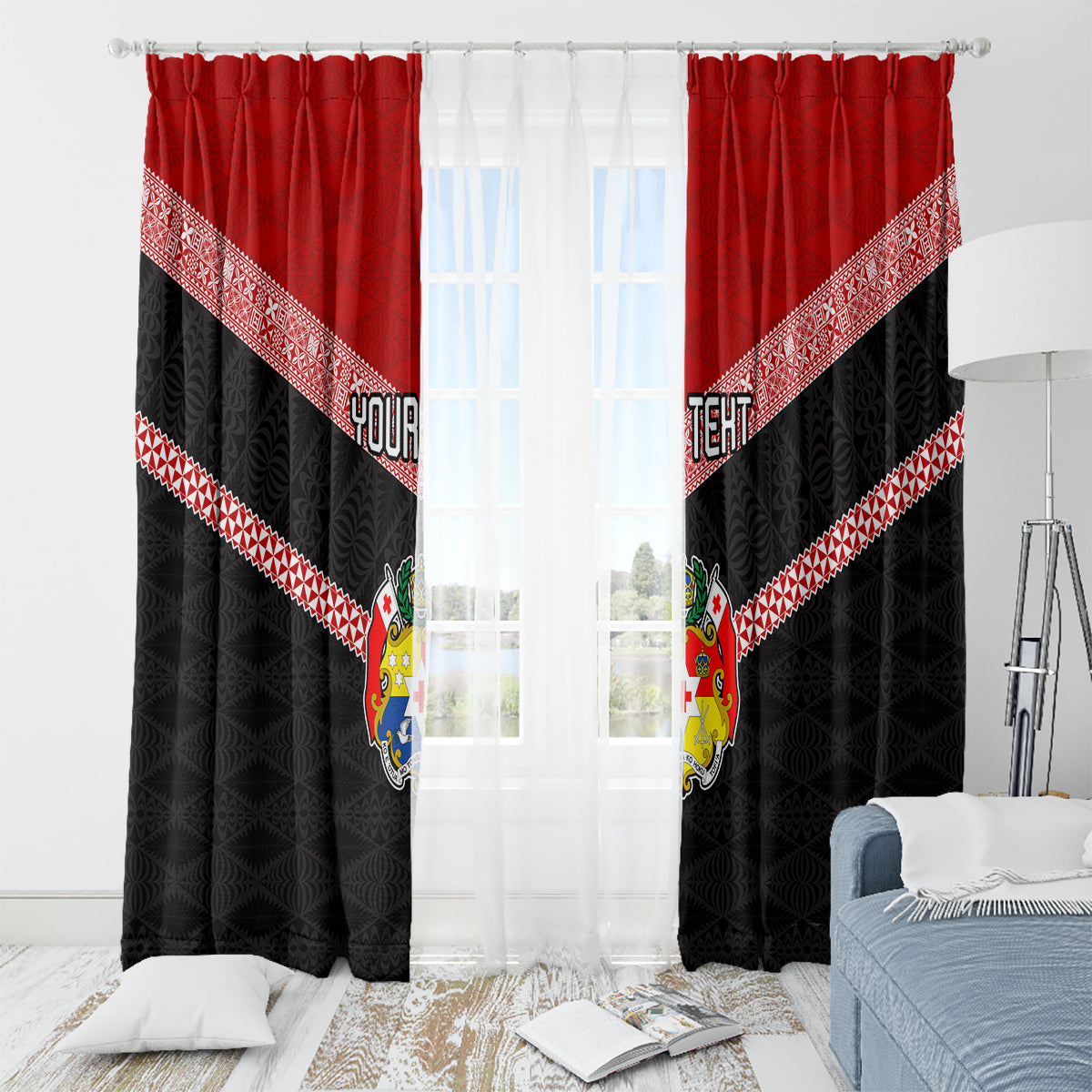 Personalised Tonga Window Curtain Tonga Coat of Arms with Seamless Tapa Ngatu Pattern LT03 - Polynesian Pride